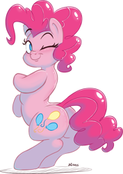 Size: 1280x1809 | Tagged: safe, artist:dilarus, ponerpics import, pinkie pie, pony, backbend, bipedal, deleted from derpibooru, one eye closed, smiling, solo, wink