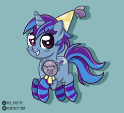 Size: 1280x1169 | Tagged: safe, artist:redpalette, derpibooru import, oc, oc only, oc:moody mercury, unicorn, abstract background, birthday, button, clothes, cute, hat, hop, horn, male, smiling, socks, solo, stallion, striped socks, unicorn oc