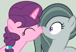 Size: 778x536 | Tagged: safe, artist:jadethepegasus, artist:lullabyprince, derpibooru import, marble pie, sugar belle, earth pony, pony, unicorn, base used, boop, eyes closed, female, gray background, kissing, lesbian, marbelle, mare, noseboop, shipping, simple background, surprised