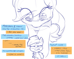 Size: 1280x1024 | Tagged: safe, artist:dilarus, ponerpics import, applejack, rainbow dash, pony, big-apple-pony, commission, cute, deleted from derpibooru, dialogue, giant pony, macro, never doubt ncmares's involvement, size difference, sketch, smoldash