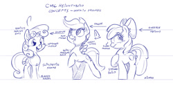 Size: 1280x651 | Tagged: safe, artist:dilarus, ponerpics import, apple bloom, scootaloo, sweetie belle, cutie mark crusaders, deleted from derpibooru, headcanon, monochrome, size comparison, size difference, sketch