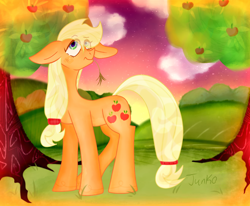 Size: 1300x1070 | Tagged: safe, alternate version, artist:junko, derpibooru import, applejack, earth pony, pony, apple, apple tree, art, big ears, blonde, blonde mane, blonde tail, cloud, cute, digital art, ears, female, grass, grass field, green eyes, jackabetes, looking offscreen, mare, missing accessory, raised hoof, raised leg, signature, smiling, solo, stars, straw in mouth, tree