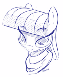 Size: 2961x3652 | Tagged: safe, artist:dilarus, ponerpics import, maud pie, earth pony, pony, bust, deleted from derpibooru, lidded eyes, looking at you, monochrome, portrait, simple background, sketch, solo, white background