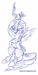 Size: 2368x4632 | Tagged: safe, artist:dilarus, ponerpics import, queen chrysalis, changeling, absurd resolution, deleted from derpibooru, lidded eyes, monochrome, open mouth, simple background, sitting, smiling, solo, white background, wip