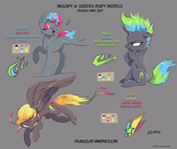 Size: 5000x4209 | Tagged: safe, artist:dilarus, ponerpics import, oc, oc only, oc:bass (dilarus), oc:beat (dilarus), oc:melody (dilarus), earth pony, pegasus, pony, unicorn, absurd resolution, deleted from derpibooru, ear piercing, earring, jewelry, nose piercing, piercing, punk, reference sheet, singing, tongue piercing