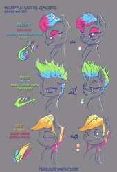 Size: 2877x4239 | Tagged: safe, artist:dilarus, ponerpics import, oc, oc only, oc:bass (dilarus), oc:beat (dilarus), oc:melody (dilarus), earth pony, pegasus, pony, unicorn, absurd resolution, deleted from derpibooru, ear piercing, earring, jewelry, lip piercing, nose piercing, piercing, punk, reference sheet
