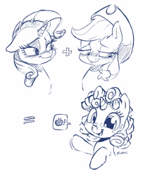 Size: 3561x4000 | Tagged: safe, artist:dilarus, ponerpics import, applejack, rarity, oc, oc:rosie, earth pony, pony, unicorn, apple, bedroom eyes, blushing, cowboy hat, cute, deleted from derpibooru, ears, eyes on the prize, eyeshadow, female, filly, floppy ears, food, freckles, hat, lesbian, lidded eyes, looking at you, looking away, magical lesbian spawn, makeup, mare, math, monochrome, offspring, open mouth, parent:applejack, parent:rarity, parents:rarijack, pictogram, rarijack, shipping, shy, simple background, smiling, speech bubble, stetson, waving, white background