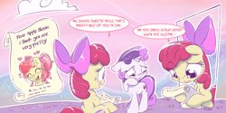 Size: 6000x3000 | Tagged: safe, artist:bobdude0, artist:dilarus, ponerpics import, apple bloom, sweetie belle, earth pony, pony, unicorn, :t, absurd resolution, blushing, bow, cloud, comic, confession, cute, deleted from derpibooru, dialogue, ears, embarrassed, eyes closed, female, filly, floppy ears, freckles, frown, hair bow, heart, hoof hold, lesbian, letter, looking down, meet-the-pones, not creepy, open mouth, reading, scroll, shipping, shy, sky, smiling, speech bubble, stalker, sweetiebloom, uncomfortable, worried