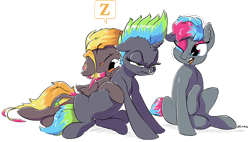 Size: 4579x2593 | Tagged: safe, artist:dilarus, ponerpics import, oc, oc only, oc:bass (dilarus), oc:beat (dilarus), oc:melody (dilarus), earth pony, pegasus, pony, unicorn, absurd resolution, annoyed, deleted from derpibooru, ear piercing, earring, eyeshadow, jewelry, lip piercing, makeup, nose piercing, nose ring, piercing, sleeping, trio