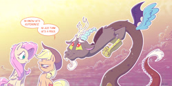 Size: 6000x3000 | Tagged: safe, artist:dilarus, ponerpics import, applejack, discord, fluttershy, earth pony, pegasus, pony, troll, absurd resolution, cowboy hat, deleted from derpibooru, dialogue, discord being discord, facial hair, fangs, female, funny, funny as hell, goatee, hat, holding hands, mare, meet-the-pones, smiling, speech bubble, stetson, trio, unamused, upside down, vulgar