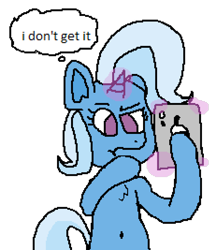 Size: 924x1068 | Tagged: safe, artist:xppp1n, trixie, pony, unicorn, belly button, chest fluff, female, glowing horn, hoof hold, horn, ipad, magic, mare, ponies with technology, simple background, solo, telekinesis, thinking, thought bubble, transparent background