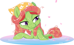 Size: 2755x1661 | Tagged: safe, artist:dilarus, ponerpics import, tree hugger, earth pony, pony, deleted from derpibooru, female, flower petals, huggerbetes, mare, simple background, smiling, solo, transparent background, water, wet