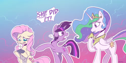 Size: 4000x2000 | Tagged: safe, artist:dilarus, ponerpics import, fluttershy, philomena, princess celestia, twilight sparkle, alicorn, pegasus, pony, unicorn, a bird in the hoof, ash, crown, crying, deleted from derpibooru, dialogue, ears, female, floppy ears, jewelry, mare, meet-the-pones, regalia, snitch, this will end in jail time, this will end in tears and/or a journey to the moon, trio, twibitch sparkle