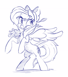 Size: 2734x3076 | Tagged: source needed, safe, artist:dilarus, ponerpics import, oc, oc only, oc:aurelia freefeather, oc:aurelleah, oc:aurry, pegasus, pony, bow, commission, cute, deleted from derpibooru, female, hair bow, mare, monochrome, ocbetes, rearing, sketch, smiling, solo, spread wings, standing, wings