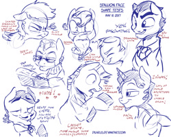 Size: 1280x1024 | Tagged: safe, artist:dilarus, ponerpics import, oc, oc only, earth pony, pegasus, pony, unicorn, beard, clothes, deleted from derpibooru, facial hair, glasses, male, moustache, sketch, sketch dump, stallion