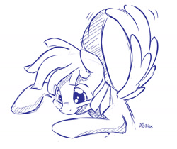 Size: 1280x1074 | Tagged: safe, artist:dilarus, ponerpics import, pegasus, pony, commission, deleted from derpibooru, monochrome, sketch, smiling, solo, spread wings, wings