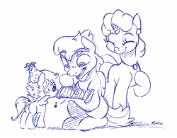 Size: 4160x3244 | Tagged: safe, artist:dilarus, ponerpics import, oc, oc only, oc:beat (dilarus), oc:free bird, oc:honeysuckle (dilarus), pegasus, pony, unicorn, absurd resolution, cute, deleted from derpibooru, eyes closed, hat, monochrome, party hat, simple background, sketch, white background, xylophone
