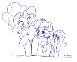 Size: 2400x1946 | Tagged: safe, artist:dilarus, ponerpics import, pinkie pie, rainbow dash, pony, chubby, deleted from derpibooru, diverse body types, monochrome, open mouth, size difference, sketch, smoldash