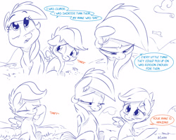 Size: 5000x4000 | Tagged: safe, artist:dilarus, ponerpics import, rainbow dash, scootaloo, pony, comic:the only one, absurd resolution, blushing, comic, deleted from derpibooru, monochrome, partial color, smiling