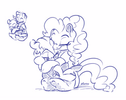 Size: 3873x3076 | Tagged: safe, artist:dilarus, ponerpics import, pinkie pie, rainbow dash, earth pony, pegasus, pony, deleted from derpibooru, diverse body types, eyes closed, female, hug, mare, monochrome, simple background, size difference, sketch, smiling, smoldash, white background