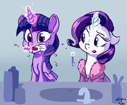 Size: 1063x883 | Tagged: safe, artist:dilarus, artist:lilfunkman, ponerpics import, rarity, twilight sparkle, twilight sparkle (alicorn), alicorn, pony, unicorn, collaboration, bathrobe, brushing teeth, clothes, deleted from derpibooru, duo, female, lesbian, magic, rarilight, robe, shipping, telekinesis, toothbrush