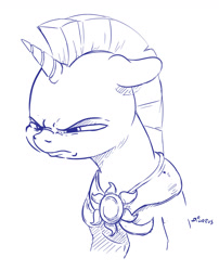 Size: 1280x1583 | Tagged: source needed, safe, artist:dilarus, ponerpics import, oc, oc only, oc:scope, pony, unicorn, armor, bust, deleted from derpibooru, grumpy, male, monochrome, royal guard, scowl, sketch, solo, stallion