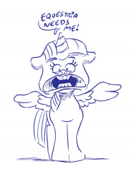 Size: 1475x1949 | Tagged: safe, artist:dilarus, ponerpics import, twilight sparkle, twilight sparkle (alicorn), alicorn, pony, comic:the many faces of twilight sparkle, deleted from derpibooru, dialogue, ears, faic, flehmen response, floppy ears, horses doing horse things, monochrome, open mouth, solo, spread wings, wings