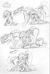 Size: 867x1280 | Tagged: safe, artist:dilarus, ponerpics import, fluttershy, rainbow dash, pegasus, pony, comic, cute, deleted from derpibooru, dialogue, duo, female, floating heart, flutterdash, grayscale, grumpy, heart, hug, lineart, mare, monochrome, pencil drawing, shipping, size difference, sketch, smiling, smoldash, tallershy, tongue, tongue out, traditional art, tsunderainbow, tsundere