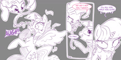 Size: 2400x1200 | Tagged: safe, artist:dilarus, ponerpics import, pinkie pie, twilight sparkle, twilight sparkle (alicorn), alicorn, pony, snake, comic, death stare, deleted from derpibooru, feather, frightened, meet-the-pones, prank, speech bubble, this will end in death, twilight is not amused, unamused