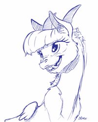 Size: 3009x3748 | Tagged: safe, artist:dilarus, ponerpics import, twilight sparkle, twilight sparkle (alicorn), alicorn, draconequus, bust, commission, deleted from derpibooru, monochrome, portrait, solo, species swap, twikonequus