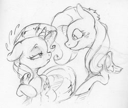 Size: 924x781 | Tagged: safe, artist:dilarus, ponerpics import, fluttershy, rarity, pegasus, pony, unicorn, deleted from derpibooru, eye contact, female, looking at each other, mare, monochrome, sketch