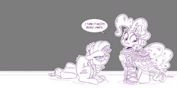 Size: 2400x1200 | Tagged: safe, artist:dilarus, ponerpics import, pinkie pie, rarity, earth pony, pony, unicorn, candy, clothes, deleted from derpibooru, dialogue, dress, duo, food, gray background, monochrome, simple background, speech bubble, unamused