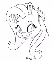 Size: 1991x2320 | Tagged: safe, artist:dilarus, ponerpics import, fluttershy, pegasus, pony, bust, deleted from derpibooru, female, lineart, looking away, looking sideways, mare, monochrome, portrait, signature, simple background, sketch, smiling, solo, white background