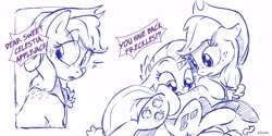 Size: 6000x3000 | Tagged: safe, artist:dilarus, ponerpics import, applejack, rarity, earth pony, pony, unicorn, body freckles, cowboy hat, deleted from derpibooru, duo, female, freckles, hat, looking back, mare, monochrome, simple background, sketch, speech bubble, stetson, surprised, that pony sure does love freckles, white background