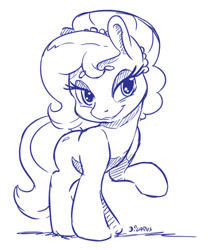 Size: 422x500 | Tagged: safe, artist:dilarus, ponerpics import, oc, oc only, oc:brownie bun, earth pony, pony, beanbrows, deleted from derpibooru, eyebrows, female, looking at you, mare, monochrome, pearl, raised hoof, raised leg, signature, simple background, smiling, solo, white background