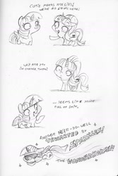 Size: 1162x1735 | Tagged: safe, artist:dilarus, ponerpics import, starlight glimmer, twilight sparkle, twilight sparkle (alicorn), alicorn, pony, unicorn, the cutie map, black and white, comic, deleted from derpibooru, dialogue, doodle, equal cutie mark, female, flying, grayscale, mare, monochrome, pencil drawing, sparkles! the wonder horse!, sunglasses, traditional art, vulgar