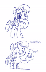 Size: 1500x2324 | Tagged: safe, artist:dilarus, ponerpics import, twilight sparkle, twilight sparkle (alicorn), alicorn, pony, deleted from derpibooru, dialogue, everything is ruined, female, looking at you, mare, mask, monochrome, open mouth, raised hoof, raised leg, shrunken pupils, simple background, sketch, smiling, solo, sparkles! the wonder horse!, wat, white background, xk-class end-of-the-world scenario