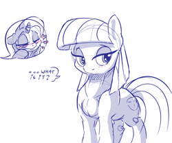 Size: 3153x2627 | Tagged: safe, artist:dilarus, ponerpics import, maud pie, trixie, earth pony, pony, unicorn, blushing, cute, deleted from derpibooru, dialogue, female, heart, lesbian, looking away, mare, maudabetes, mauxie, monochrome, shipping, simple background, speech bubble, white background