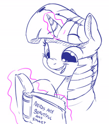 Size: 2138x2433 | Tagged: safe, artist:dilarus, ponerpics import, twilight sparkle, pony, book, bust, cute, deleted from derpibooru, female, glowing horn, horn, magic, mare, nerd, open mouth, partial color, simple background, solo, telekinesis, truth, twiabetes, white background