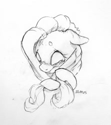 Size: 868x984 | Tagged: safe, artist:dilarus, ponerpics import, fluttershy, pegasus, pony, blushing, bust, deleted from derpibooru, ears, female, floppy ears, grayscale, mare, monochrome, nervous, pencil drawing, portrait, sketch, solo, traditional art