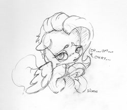 Size: 930x806 | Tagged: safe, artist:dilarus, ponerpics import, fluttershy, pegasus, pony, blushing, deleted from derpibooru, dialogue, female, grayscale, lidded eyes, looking at you, mare, monochrome, pencil drawing, sketch, solo, traditional art