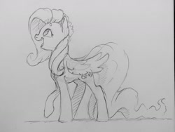 Size: 1280x960 | Tagged: safe, artist:dilarus, ponerpics import, fluttershy, pegasus, pony, deleted from derpibooru, female, grayscale, looking up, mare, monochrome, open mouth, pencil drawing, solo, traditional art, walking