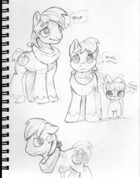 Size: 1264x1611 | Tagged: safe, artist:dilarus, ponerpics import, apple bloom, big macintosh, pony, deleted from derpibooru, female, grayscale, mare, monochrome, murder, pencil drawing, siblings, simple background, thought bubble, traditional art, white background