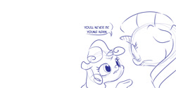 Size: 1500x750 | Tagged: safe, artist:dilarus, ponerpics import, rarity, sweetie belle, pony, deleted from derpibooru, dialogue, female, filly, mare, monochrome, simple background, truth, white background