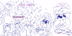 Size: 6000x3000 | Tagged: safe, artist:dilarus, ponerpics import, apple bloom, pinkie pie, scootaloo, sweetie belle, twilight sparkle, twilight sparkle (alicorn), alicorn, pony, candy, comic, cutie mark crusaders, deleted from derpibooru, female, food, mare, monochrome, simple background, sketch, white background