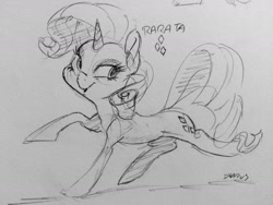 Size: 1280x960 | Tagged: safe, artist:dilarus, ponerpics import, rarity, pony, unicorn, deleted from derpibooru, female, grayscale, looking back, mare, monochrome, pencil drawing, sketch, solo, traditional art