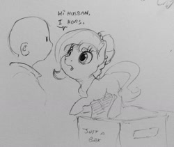Size: 1280x1082 | Tagged: safe, artist:dilarus, ponerpics import, oc, oc only, oc:brownie bun, oc:richard, earth pony, human, pony, horse wife, bald, box, deleted from derpibooru, dialogue, female, grayscale, hubbo, male, mare, monochrome, pencil drawing, traditional art