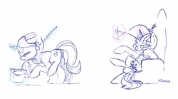 Size: 5180x2884 | Tagged: safe, artist:dilarus, ponerpics import, starlight glimmer, twilight sparkle, pony, unicorn, collaboration, alcohol, clothes, cocktail glass, crossed legs, deleted from derpibooru, duo, female, glowing horn, horn, magic, maid, mare, martini, mop, partial color, raised hoof, raised leg, simple background, sitting, sketch, telekinesis, white background