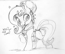 Size: 955x807 | Tagged: safe, artist:dilarus, ponerpics import, oc, oc only, oc:brownie bun, earth pony, pony, apron, beanbrows, clothes, deleted from derpibooru, dialogue, eyebrows, female, grayscale, kiss the cook, mare, monochrome, raised hoof, raised leg, solo, stars, traditional art