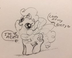 Size: 3044x2448 | Tagged: safe, artist:dilarus, ponerpics import, pinkie pie, earth pony, pony, cute, deleted from derpibooru, dialogue, diapinkes, female, heart, mare, monochrome, open mouth, sketch, smiling, solo, traditional art